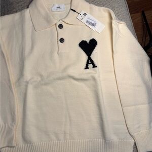 Ami Cream Knit Polo with Black Logo